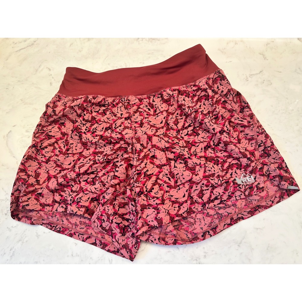 REI Co-op Swiftland Running 5" Shorts Womens XS Pink Print Zipper Pocket